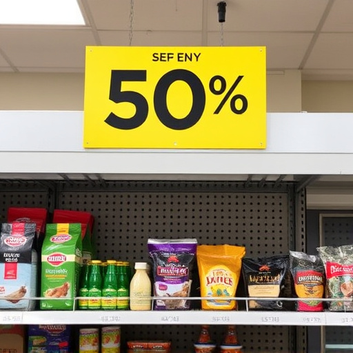 Discount sign above bird food shelf