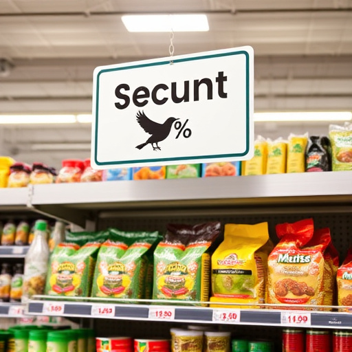 Discount sign above bird food shelf