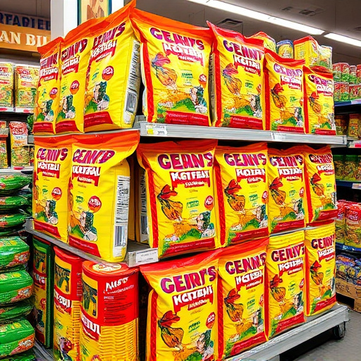 Discounted bird food stacked in store