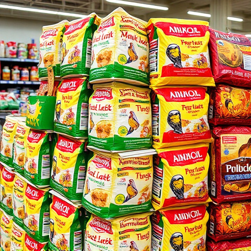 Discounted bird food stacked in store