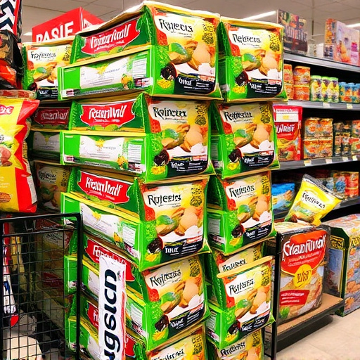 Discounted bird food stacked in store