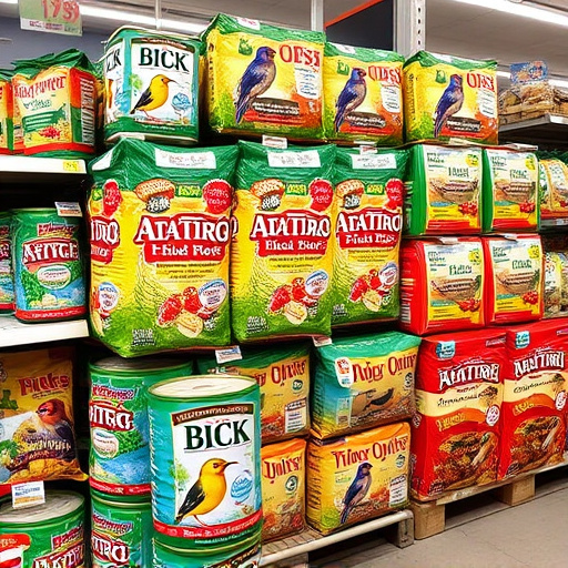 Discounted bird food stacked in store