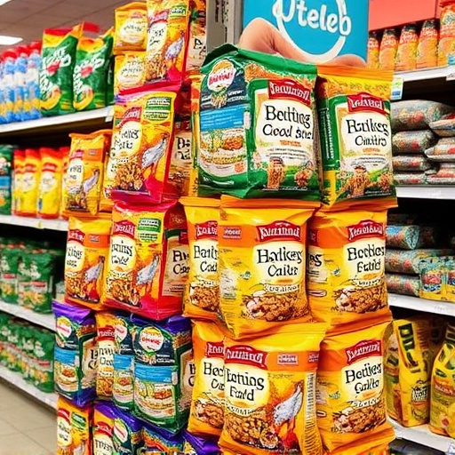 Discounted bird food stacked in store