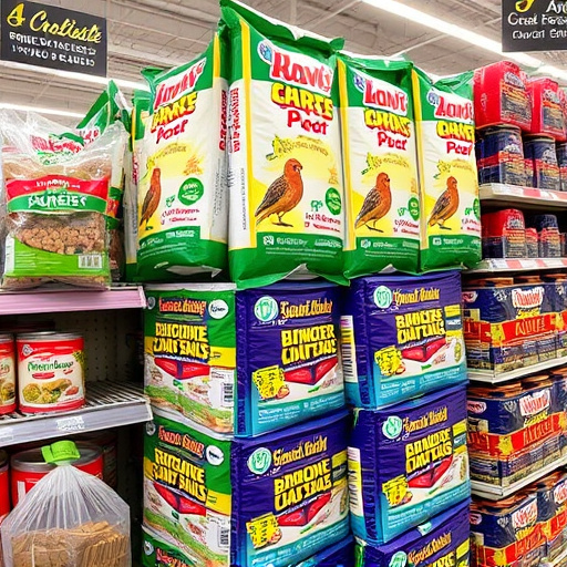 Discounted bird food stacked in store
