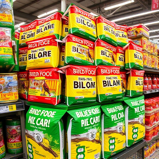 Discounted bird food stacked in store