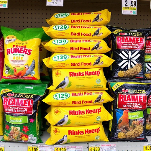 Discounted bird food stacked in store