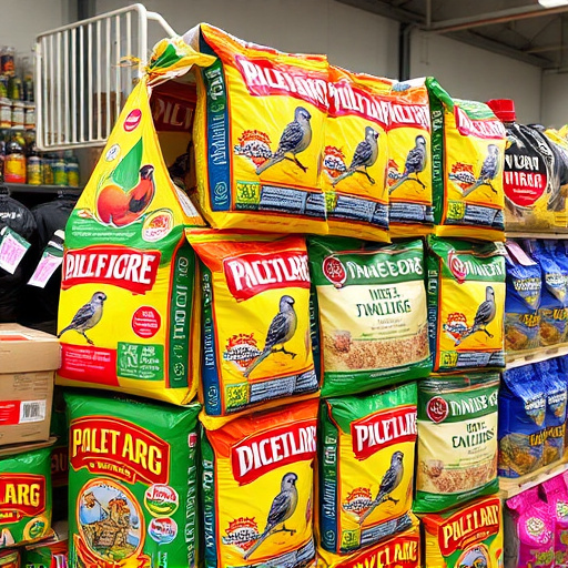 Discounted bird food stacked in store