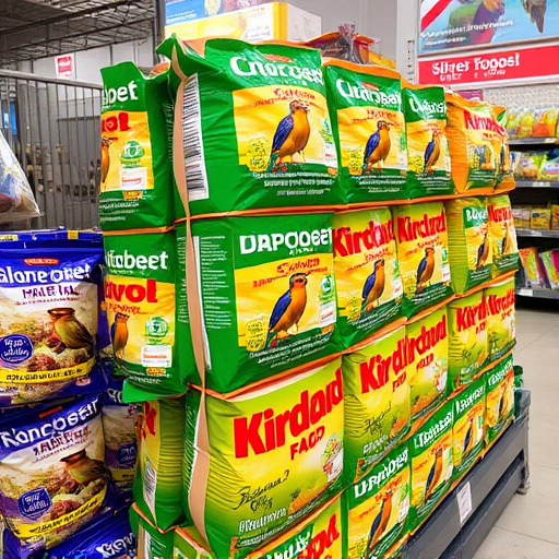 Discounted bird food stacked in store