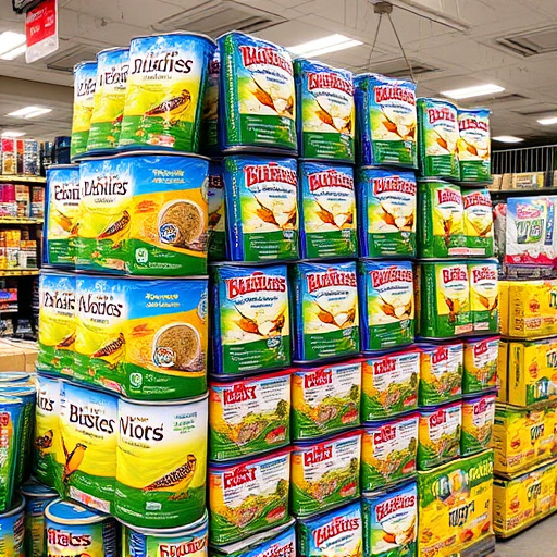 Discounted bird food stacked in store