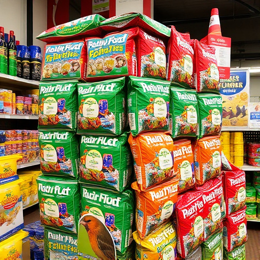 Discounted bird food stacked in store