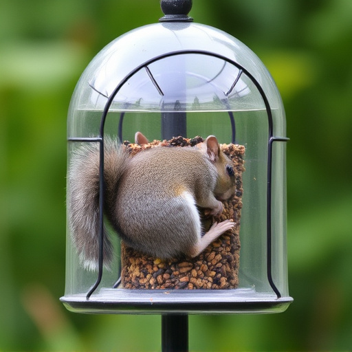 Dome-covered feeder deterring grey squirrel