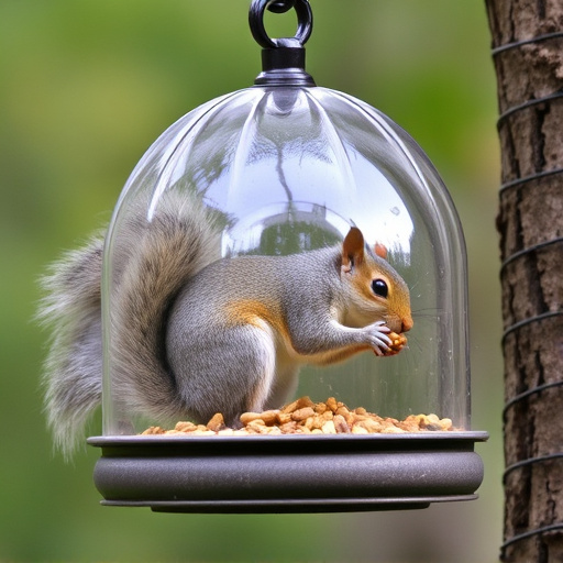 Dome-covered feeder deterring grey squirrel