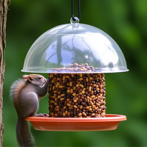Dome-covered feeder deterring grey squirrel