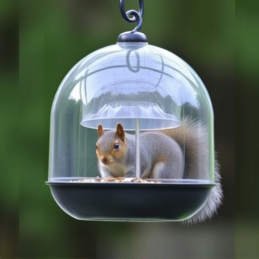 Dome-covered feeder deterring grey squirrel