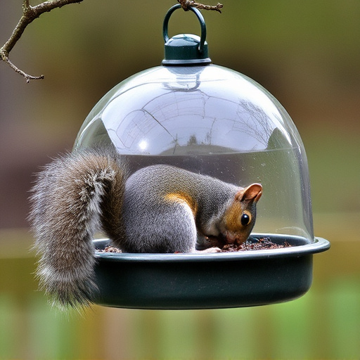Dome-covered feeder deterring grey squirrel
