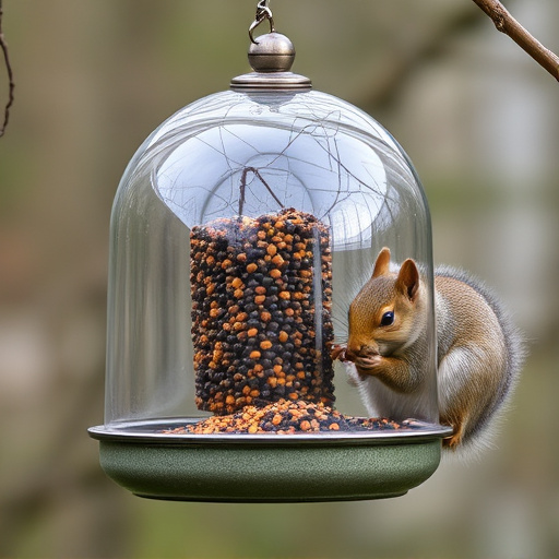 Dome-covered feeder deterring grey squirrel