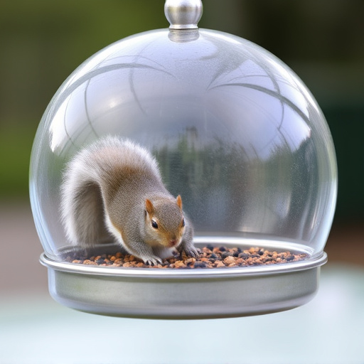Dome-covered feeder deterring grey squirrel