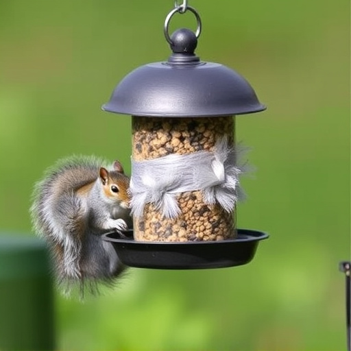 Dome-covered feeder deterring grey squirrel