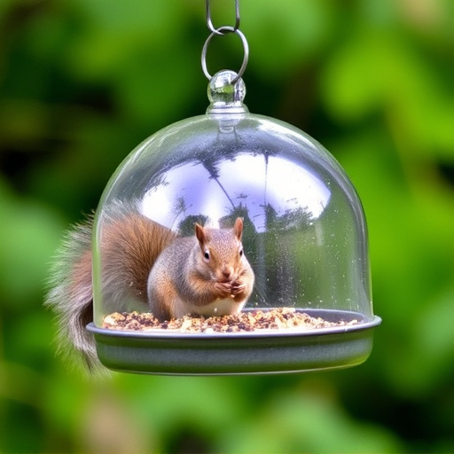 Dome-covered feeder deterring grey squirrel