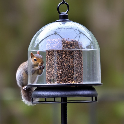 Dome-covered feeder deterring grey squirrel