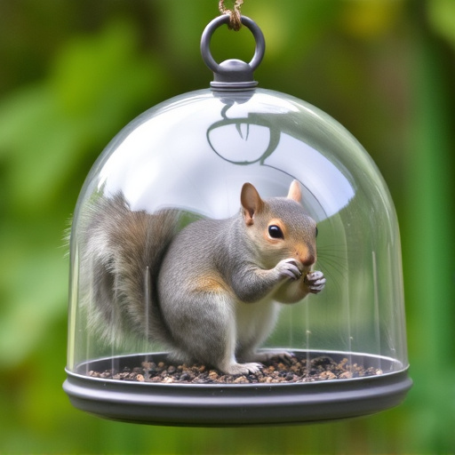 Dome-covered feeder deterring grey squirrel