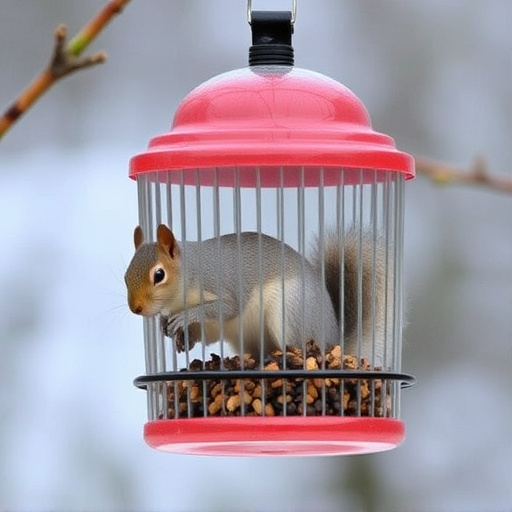 Dome-covered feeder deterring grey squirrel