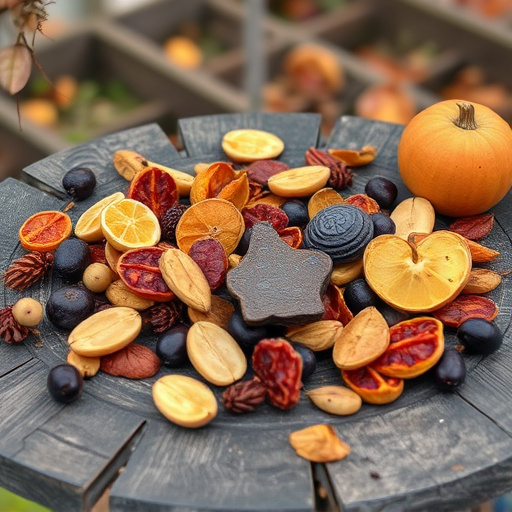 Dried fruits scattered on bird table