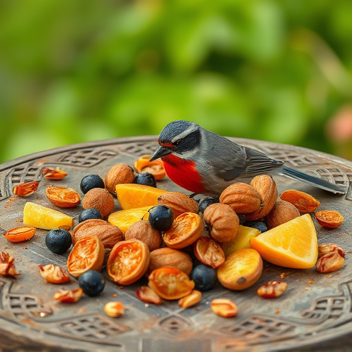 Dried fruits scattered on bird table
