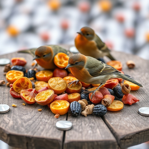 Dried fruits scattered on bird table