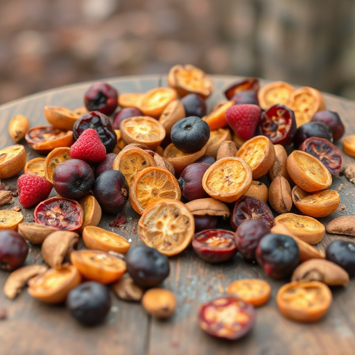 Dried fruits scattered on bird table