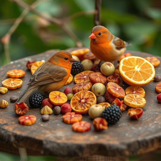 Dried fruits scattered on bird table