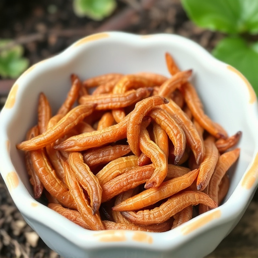 Dried mealworms in small garden dish