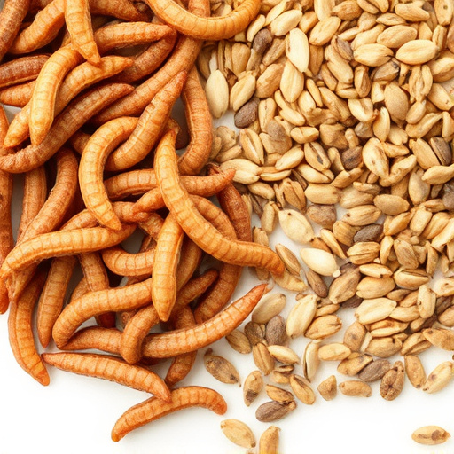 Dried mealworms next to seed mix