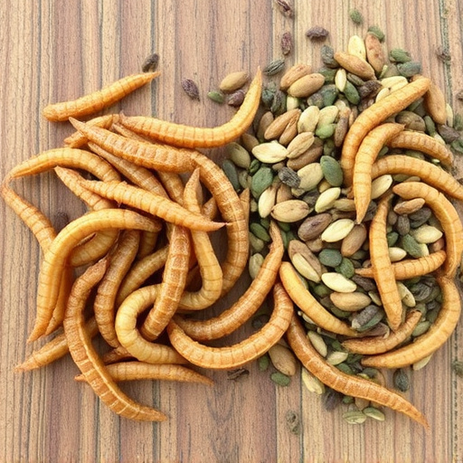 Dried mealworms next to seed mix