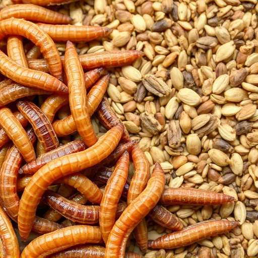 Dried mealworms next to seed mix