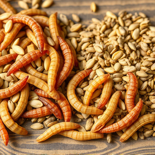 Dried mealworms next to seed mix