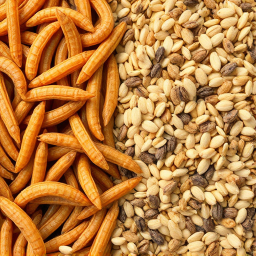 Dried mealworms next to seed mix