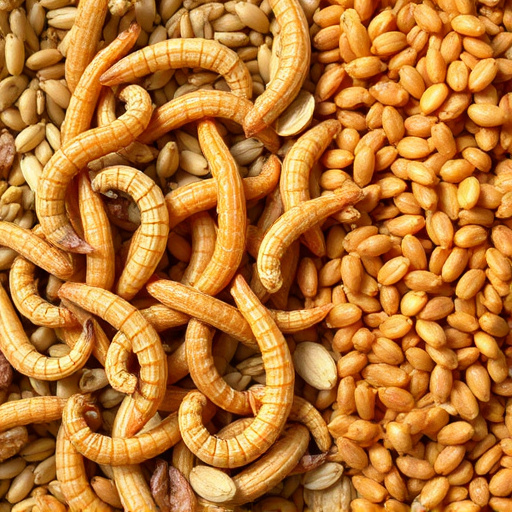 Dried mealworms next to seed mix