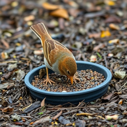 Dunnock foraging beneath ground seed tray