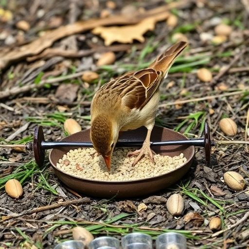 Dunnock foraging beneath ground seed tray