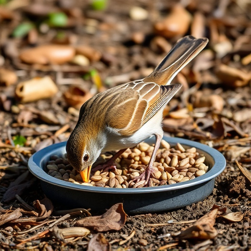Dunnock foraging beneath ground seed tray