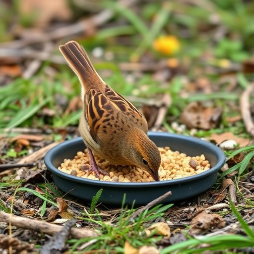 Dunnock foraging beneath ground seed tray