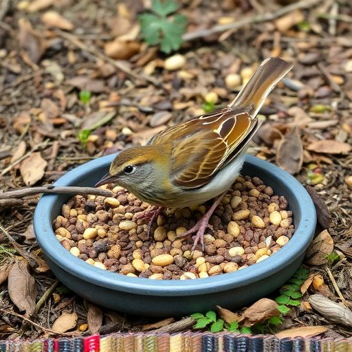 Dunnock foraging beneath ground seed tray