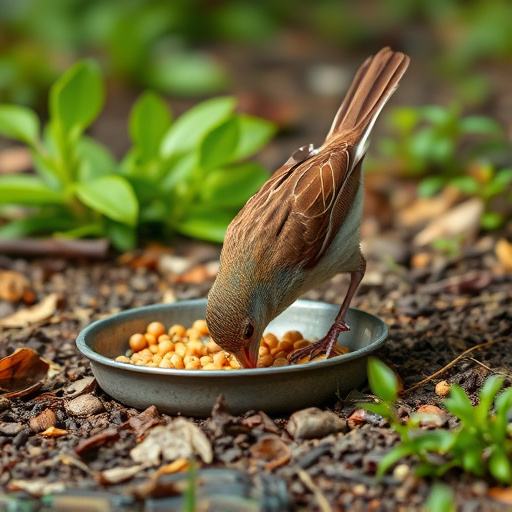 Dunnock foraging beneath ground seed tray