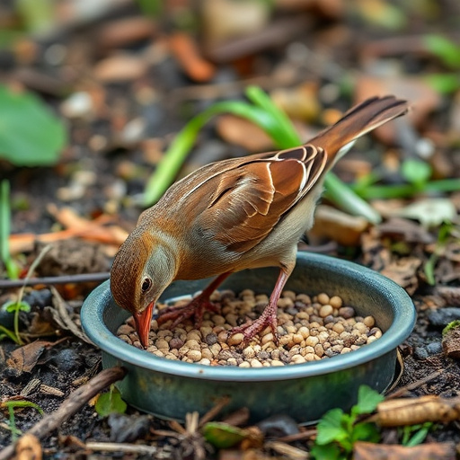 Dunnock foraging beneath ground seed tray