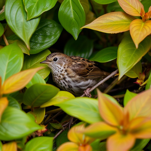 Dunnock hiding among garden leaves