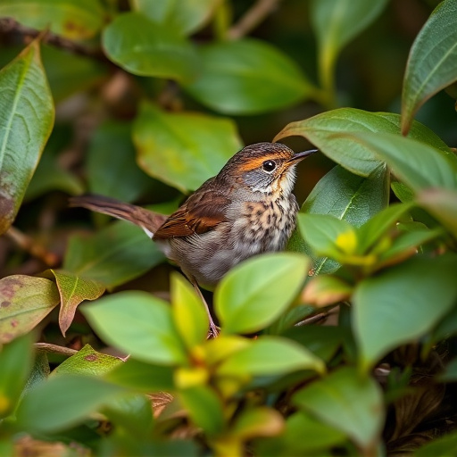 Dunnock hiding among garden leaves