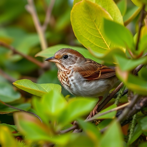 Dunnock hiding among garden leaves