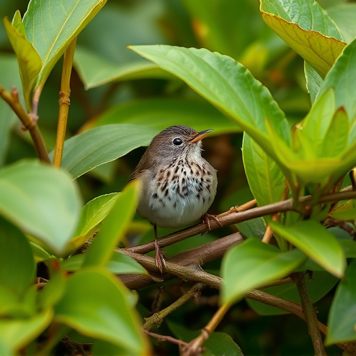 Dunnock hiding among garden leaves