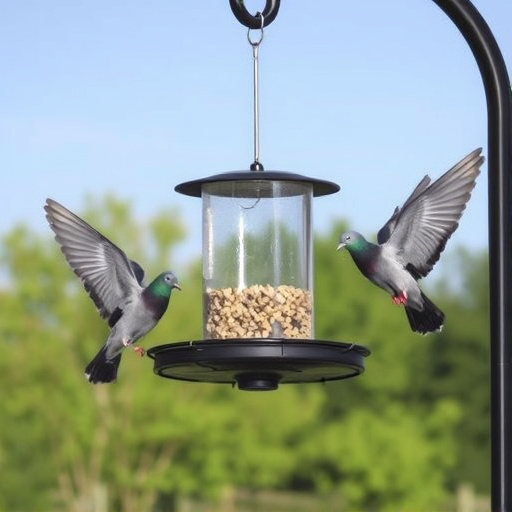 Elevated feeder with pigeon deterrent baffle